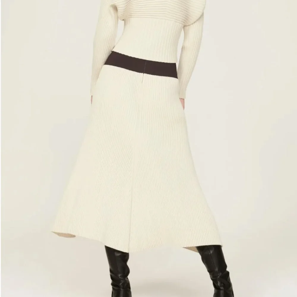 Tory Burch Cream Ribbed Maxi Skirt with Black Waistband